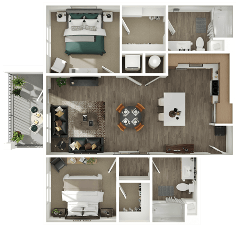 a 3d rendering of a bedroom with a living room and a dining room